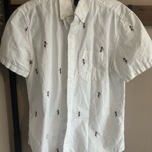 Men's White Short Sleeve Shirt with Embroidered Hula Hawaiian Design